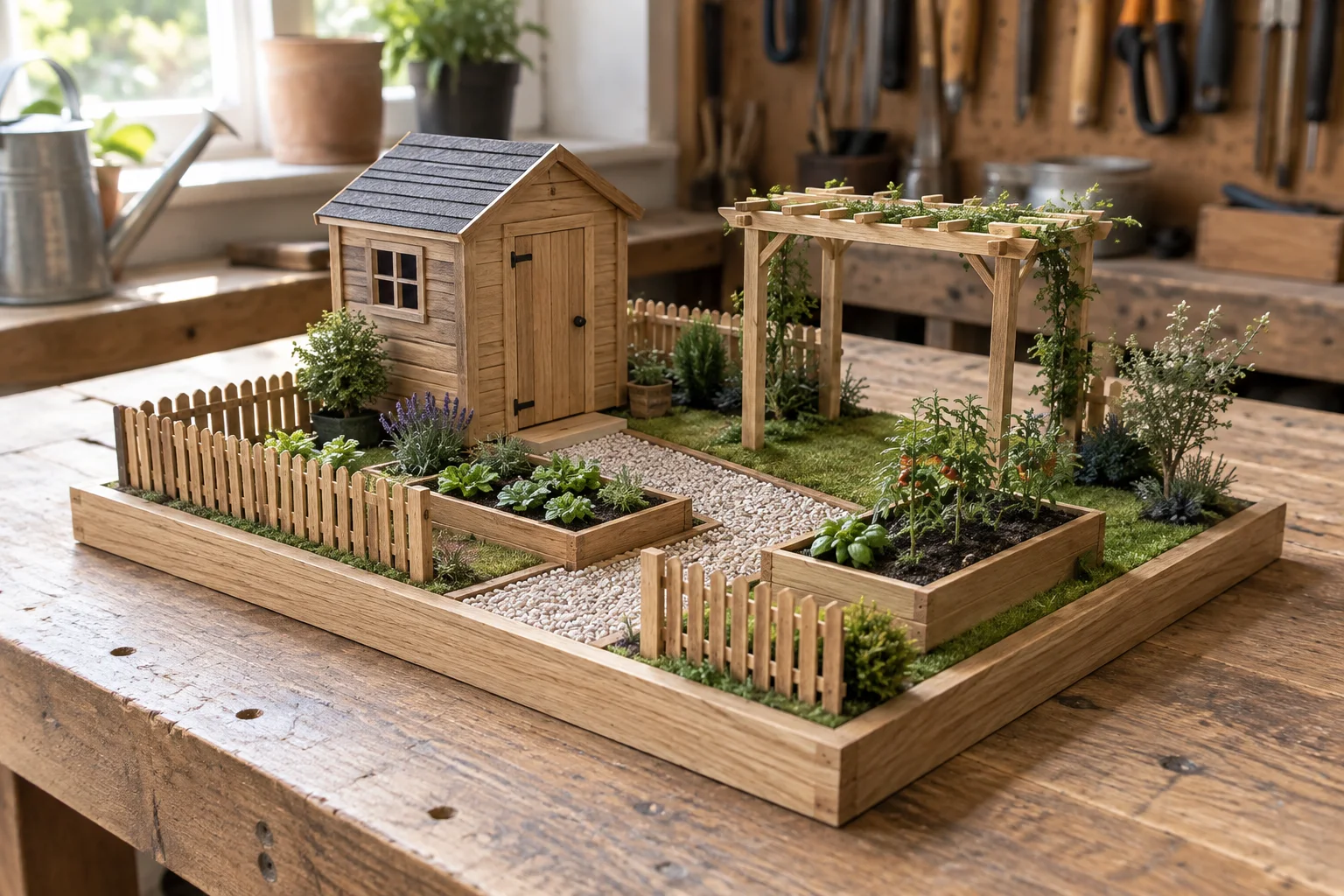 Maquette de jardin miniature en bois avec cabanon, pergola, chemin et deux bacs