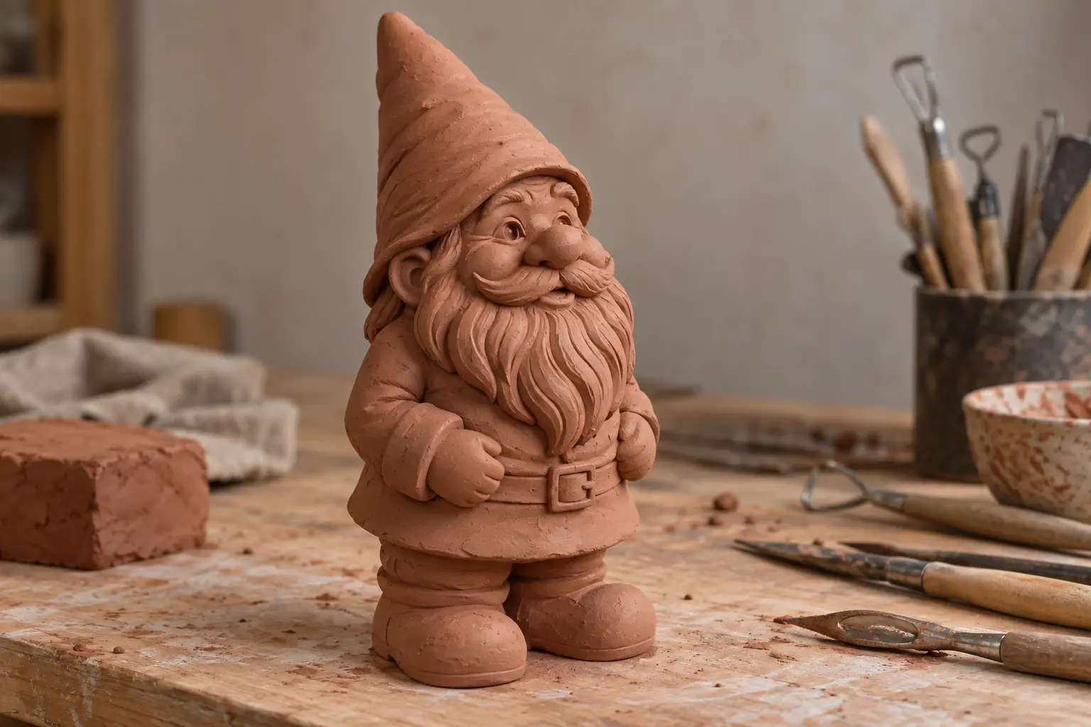 Nain de jardin modelé en argile avec bonnet, nez, barbe et mains détaillés