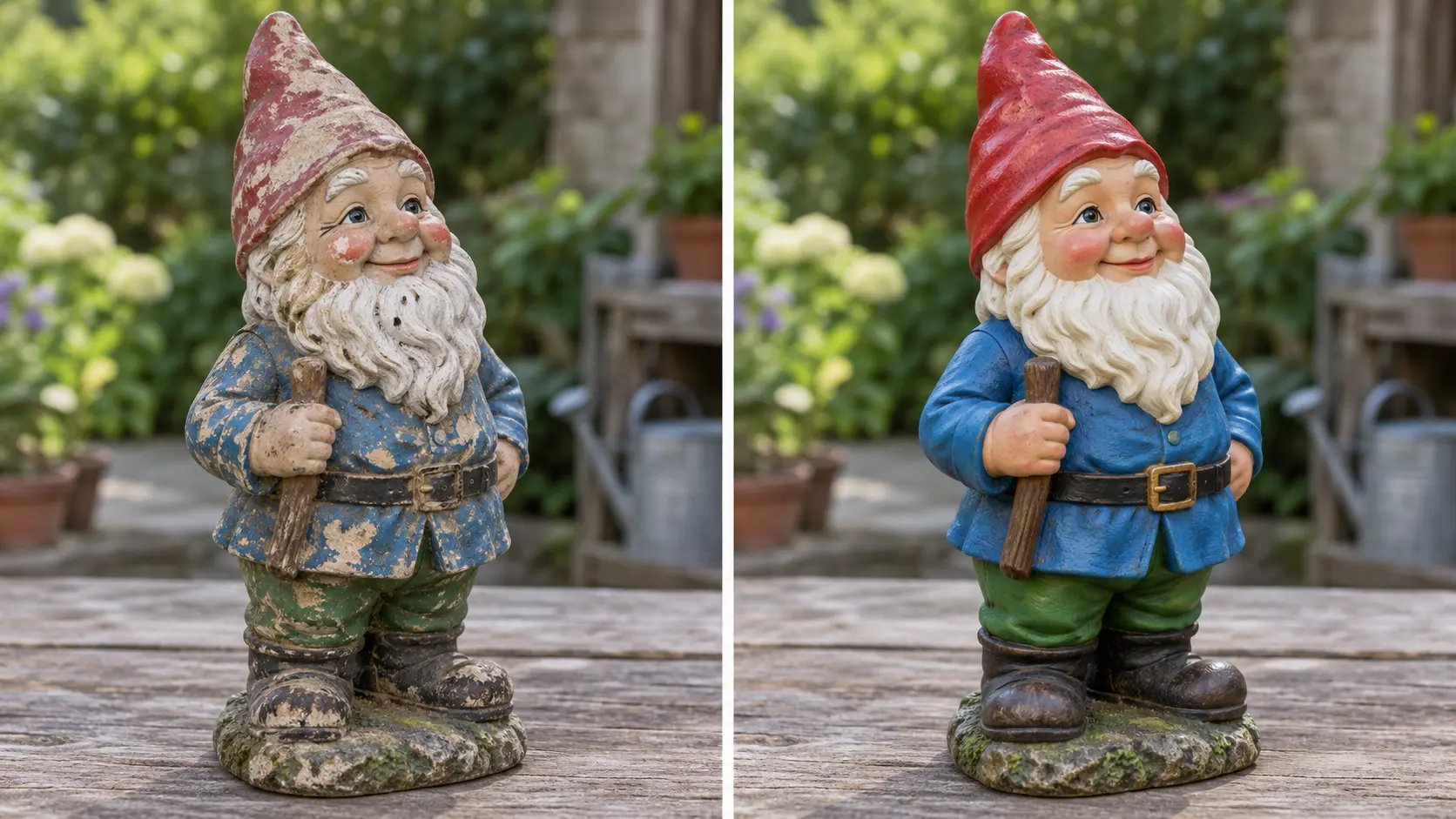 Avant et après la rénovation d’un nain de jardin décoloré