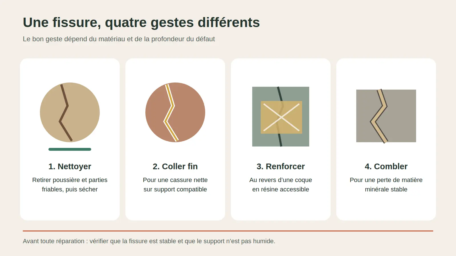 Comparaison des gestes de réparation d’une fissure sur résine, béton et terre cuite