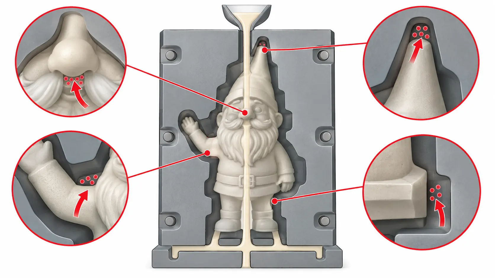 Schéma d'une figurine de jardin indiquant les zones où l'air et les fissures risquent de se former