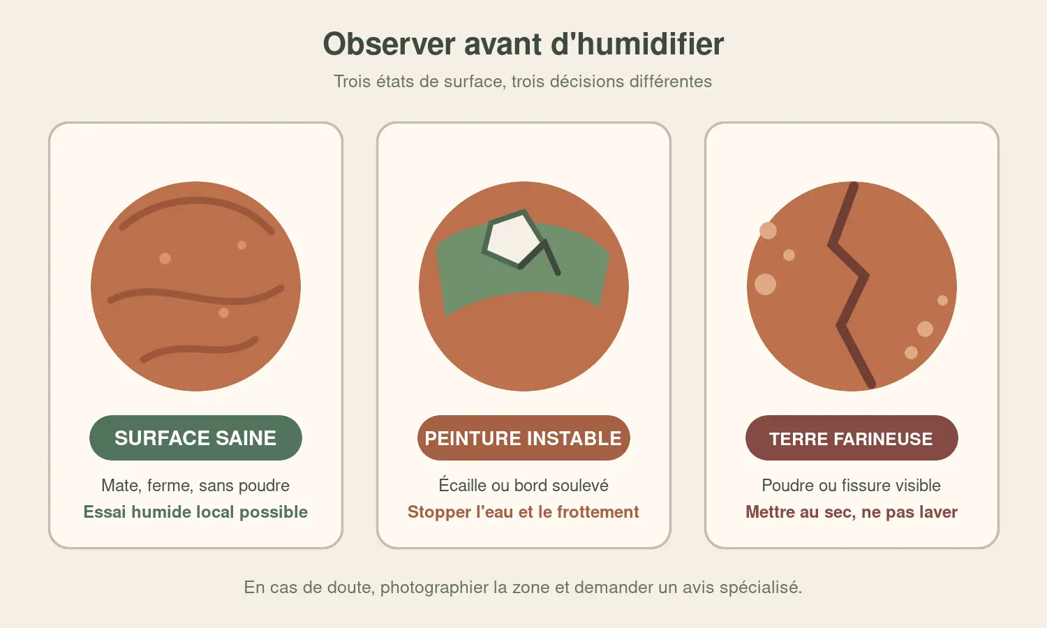 Trois détails d'un ornement en terre cuite montrant une surface saine, une peinture écaillée et une fissure poudreuse.