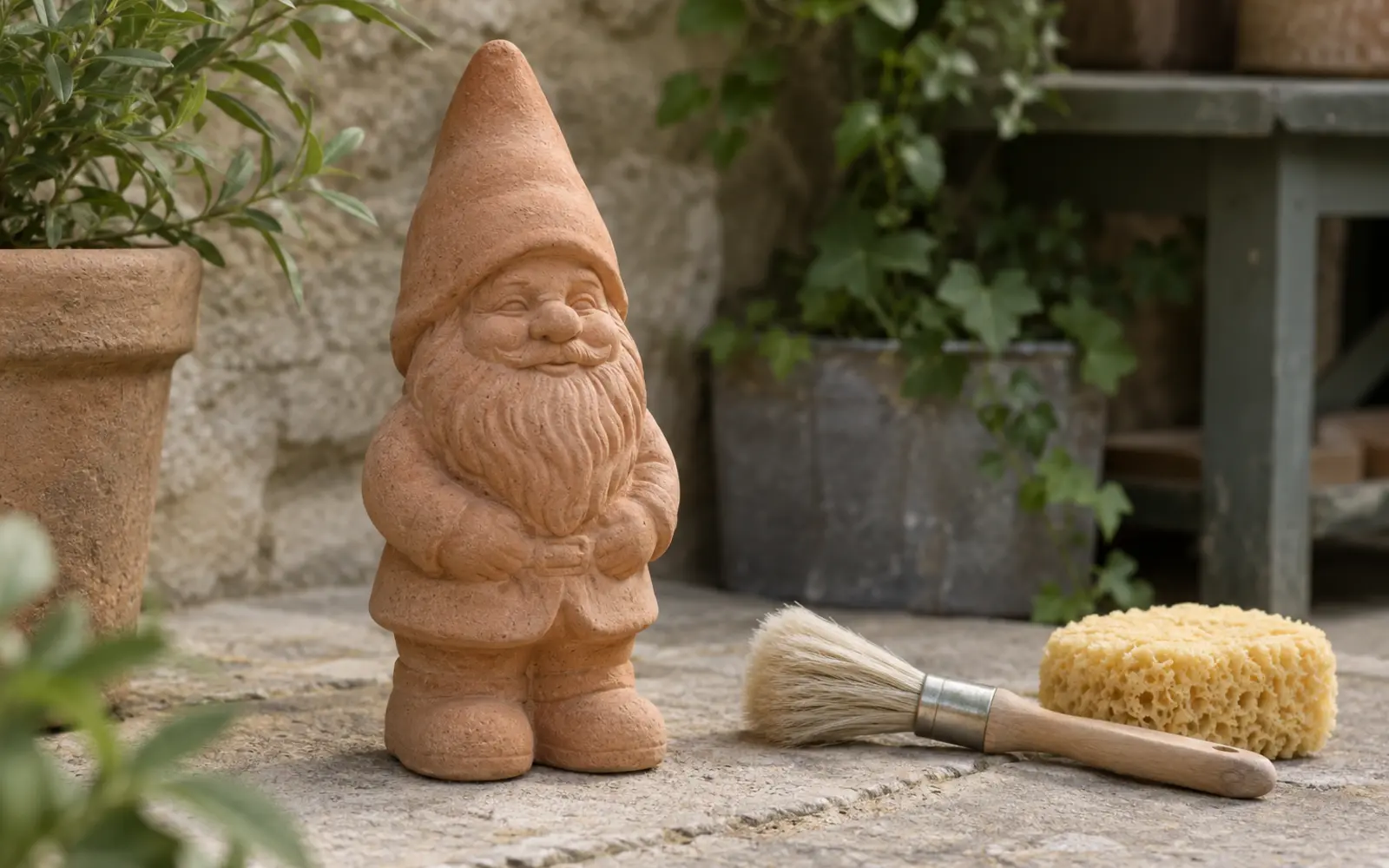 Ornement de jardin en terre cuite posé sur une dalle sèche avec un pinceau souple et une éponge essorée.