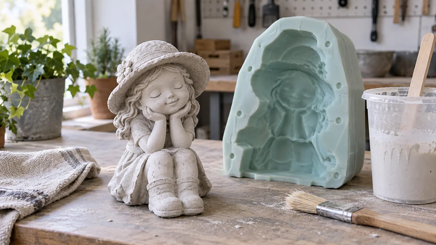 Figurine de jardin en jesmonite à côté de son moule en silicone