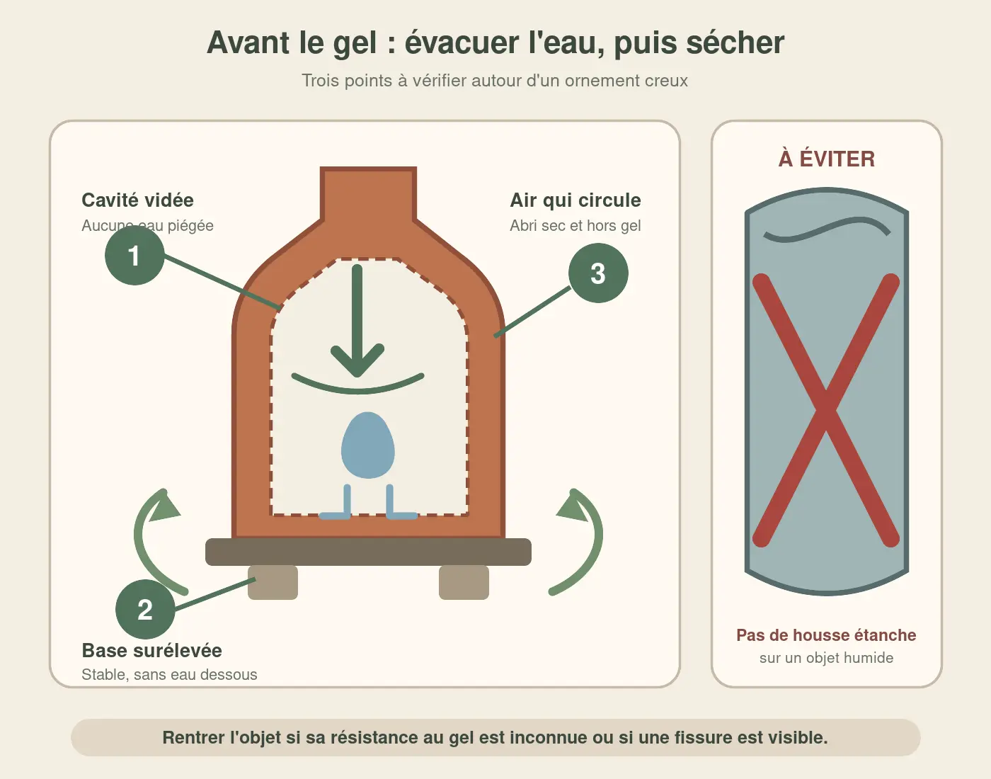 Schéma d'un ornement en terre cuite avec cavités drainées, base surélevée et rangement sec et aéré.